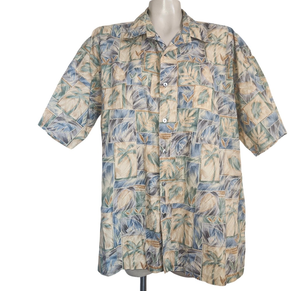Tori Richard Mens L Blue Palm Leaf Cotton Lawn Hawaiian Button Down Shirt beach